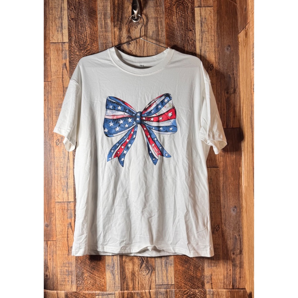 Womens Patriotic USA Flag Bow Graphic T-Shirt, Small, White Tee‎